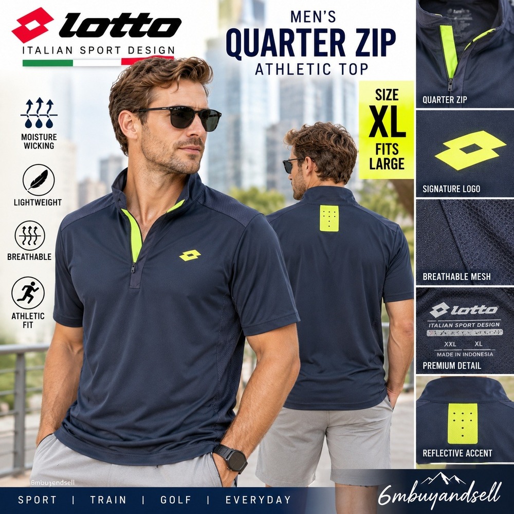 Lotto Italian Sport Design Mens XL Navy Neon Yellow Quarter Zip Athletic Top